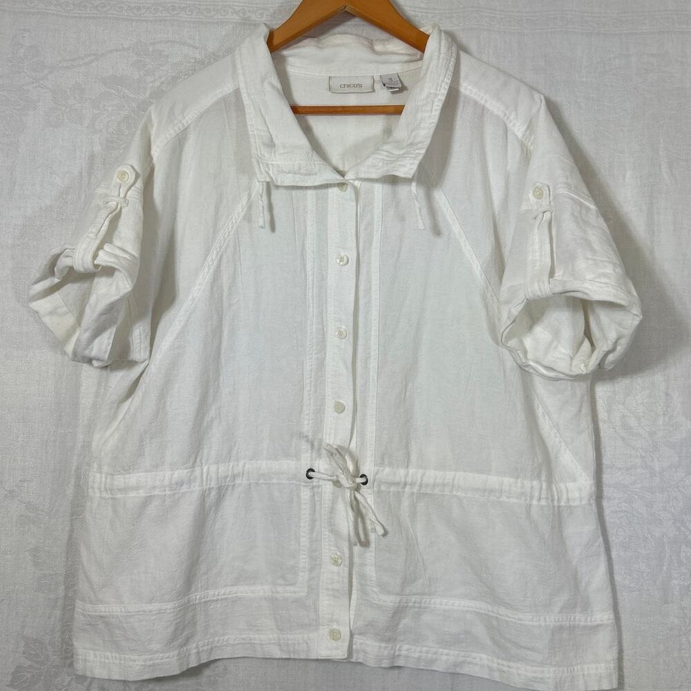Chicos 3 XL White Cotton Jacket Button Up Shirt Drawstring Waist Cap Sleeve
